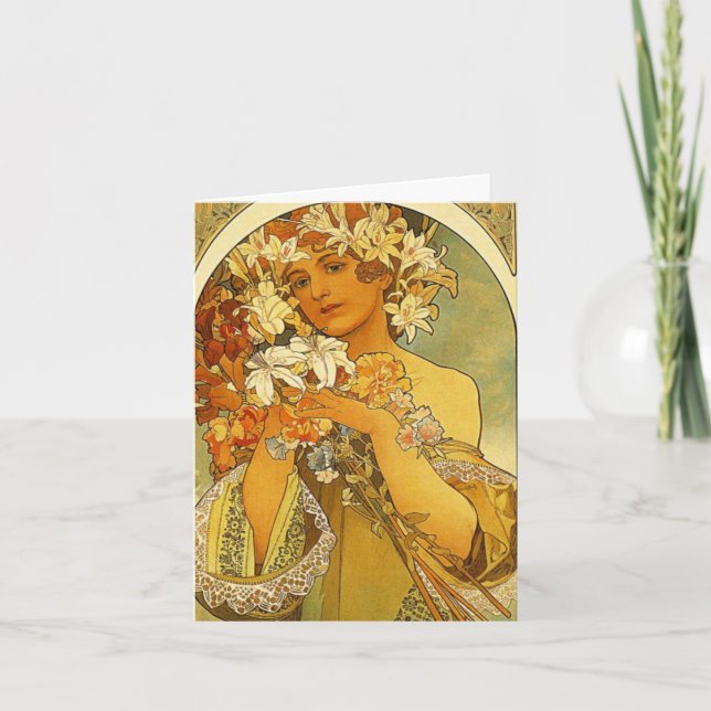 Art Nouveau Alphonse Mucha Flower Note Card (Front)