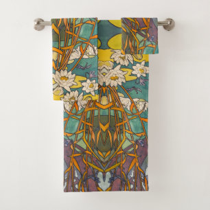 Art nouveau Alphonse mucha flower pond dragonfly Bath Towel Set