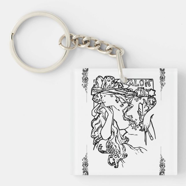 Art nouveau Alphonse Mucha salon black and white Keychain (Front)