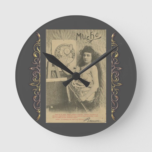 Art nouveau Alphonse mucha woman art model Round Clock (Front)