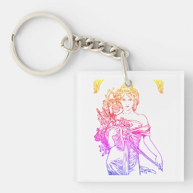Art nouveau Alphonse Mucha woman flowers Keychain (Front)