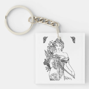 Art nouveau Alphonse Mucha woman with flowers  Keychain