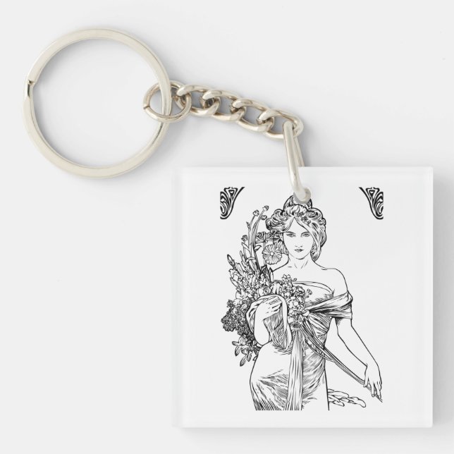 Art nouveau Alphonse Mucha woman with flowers  Keychain (Front)