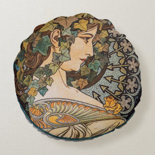 Art Nouveau Alphonse Mucha's Nature Goddess Round Pillow
