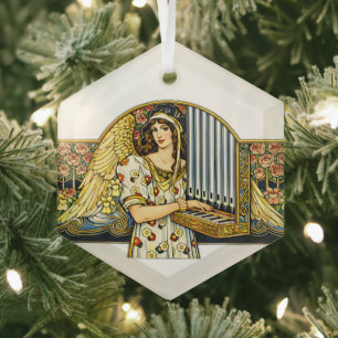 Art Nouveau Angel Organ Player Vintage Music  Glass Ornament