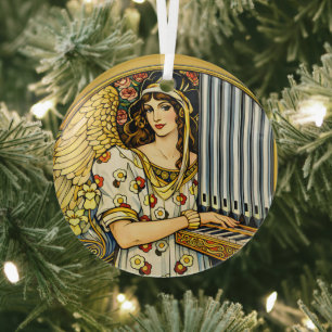 Art Nouveau Angel Organ Player Vintage Music Glass Ornament