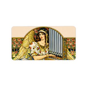 Art Nouveau Angel Organ Player Vintage Music Label