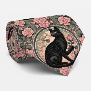 Art Nouveau Art Deco Black Cat with Pink Roses Tie