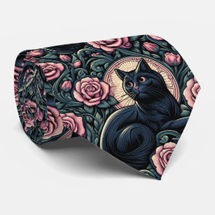 Art Nouveau Art Deco Black Cat with Pink Roses Tie