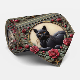 Art Nouveau Art Deco Black Cat with Red Roses Tie