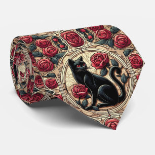 Art Nouveau Art Deco Black Cat with Red Roses Tie