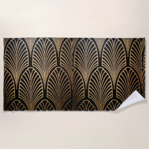 Art nouveau, art deco, fan pattern, bronze,gold,bl beach towel