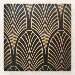 Art nouveau, art deco, fan pattern, bronze,gold,bl glass coaster
