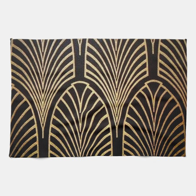 Art nouveau, art deco, fan pattern, bronze,gold,bl kitchen towel (Horizontal)