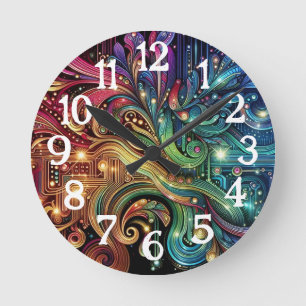 Art Nouveau Art Deco Rainbow Circuit Board Round Clock