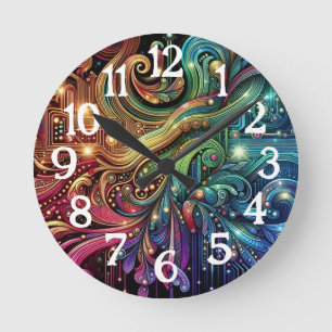 Art Nouveau Art Deco Rainbow Circuit Board Round Clock