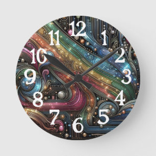 Art Nouveau Art Deco Rainbow Circuit Board Round Clock