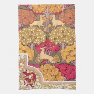 Art nouveau autumn deer in trees Verneuil fall Kitchen Towel