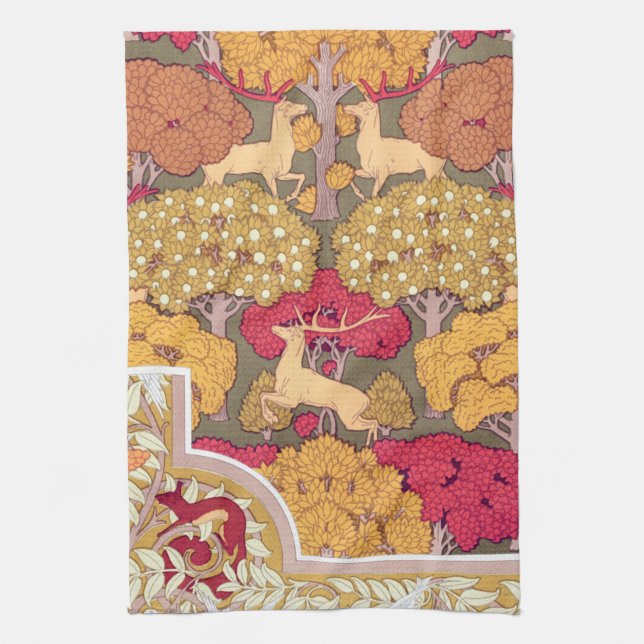 Art nouveau autumn deer in trees Verneuil fall Kitchen Towel (Vertical)