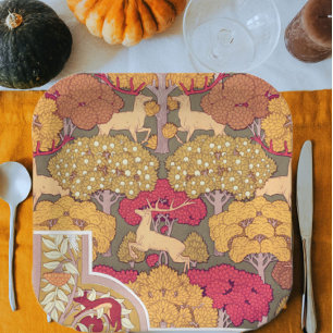 Art nouveau autumn trees and deer Vintage fall Paper Plate