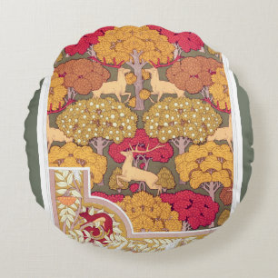 Art nouveau autumn trees and deer Vintage fall Round Pillow