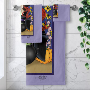 Art Nouveau Autumn Witch Pumpkins Purple Moon Bath Towel Set