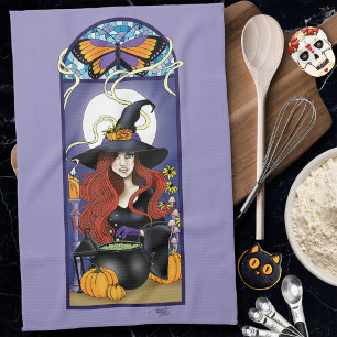 Art Nouveau Autumn Witch Pumpkins Purple Moon Kitchen Towel