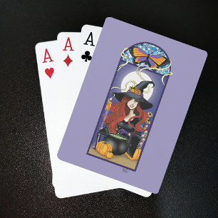 Art Nouveau Autumn Witch Pumpkins Purple Moon Playing Cards