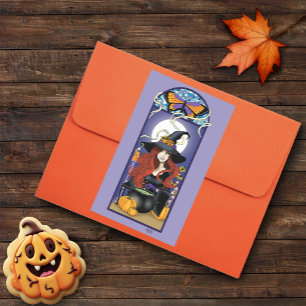 Art Nouveau Autumn Witch Pumpkins Purple Moon Sticker