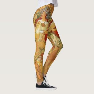 Art Nouveau Autumn Woman Gold Brown Alphonse Mucha Leggings