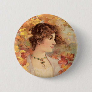 Art Nouveau Autumn Woman Golden Foliage Print 2 Inch Round Button