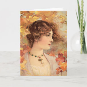 Art Nouveau Autumn Woman Golden Foliage Print Holiday Card