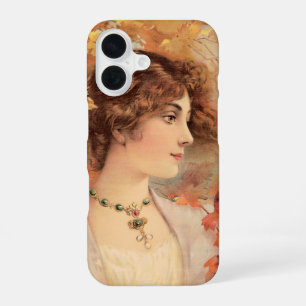 Art Nouveau Autumn Woman Golden Foliage Print iPhone 16 Case