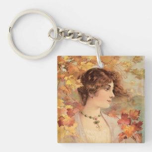 Art Nouveau Autumn Woman Golden Foliage Print Keychain