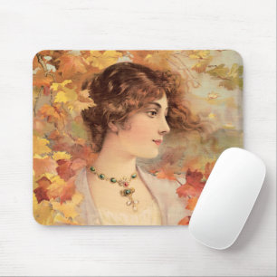 Art Nouveau Autumn Woman Golden Foliage Print Mouse Pad
