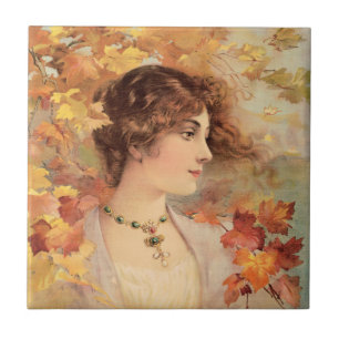 Art Nouveau Autumn Woman Golden Foliage Print Tile