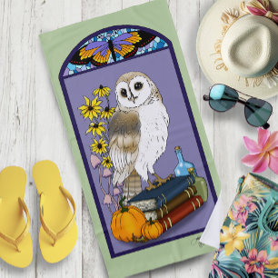 Art Nouveau Barn Owl Pumpkins Vintage Books Autumn Beach Towel