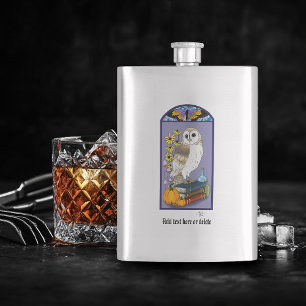 Art Nouveau Barn Owl Pumpkins Vintage Books Autumn Hip Flask