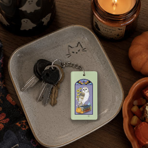 Art Nouveau Barn Owl Pumpkins Vintage Books Autumn Keychain