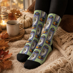 Art Nouveau Barn Owl Pumpkins Vintage Books Autumn Socks