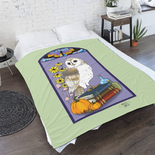 Art Nouveau Barn Owl Pumpkins Vitnage Books Autumn Fleece Blanket