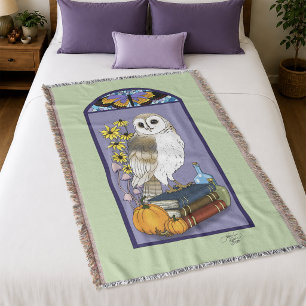 Art Nouveau Barn Owl Pumpkins Vitnage Books Autumn Throw Blanket