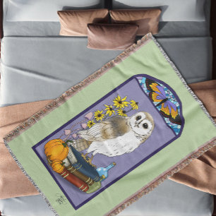 Art Nouveau Barn Owl Pumpkins Vitnage Books Autumn Throw Blanket