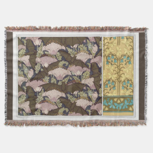 Art nouveau bats and campanulas floral textile art throw blanket