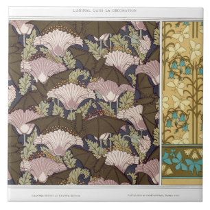 Art nouveau bats and campanulas floral textile art tile
