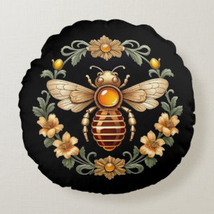 Art Nouveau Bee on Black Round Pillow