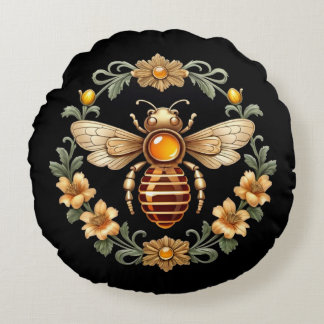 Art Nouveau Bee on Black Round Pillow