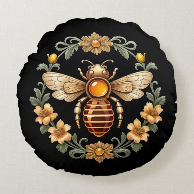 Art Nouveau Bee on Black Round Pillow (Front)
