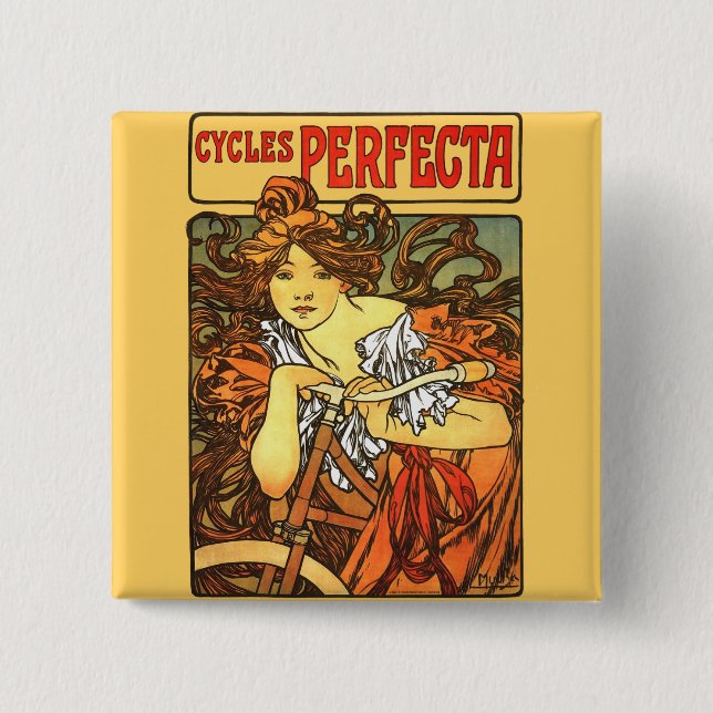 Art Nouveau Bicycle Mucha Art 2 Inch Square Button (Front)