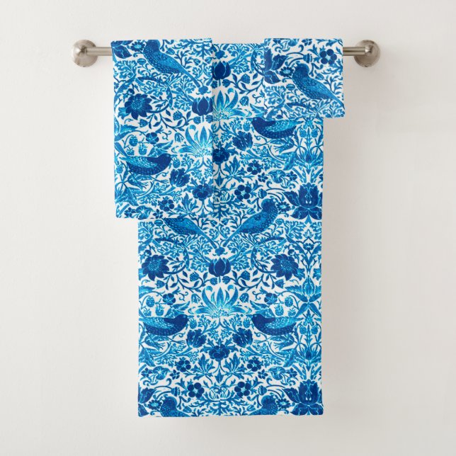 Art Nouveau Bird and Flower Tapestry, Blue & White Bath Towel Set (Insitu)